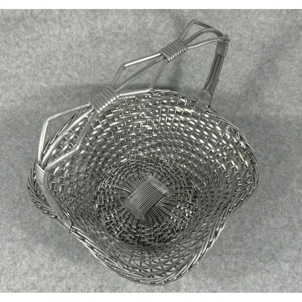VTG‎ Silver Tone Metal Woven Wire Basket With Fold Down Handle Decor Centerpiece